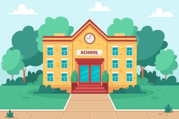 school-building-educational-institution-with-front-yard-trees-and-grass-lawn-vector