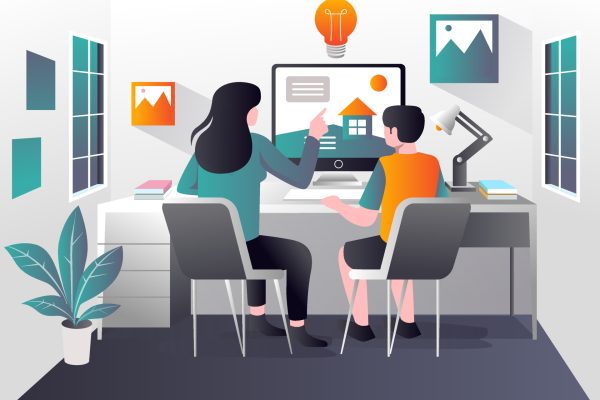 A mother guides her child to study on the computer