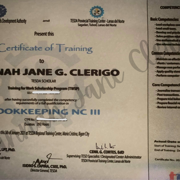 BOOKKEEPING NCII CERTIFICATE